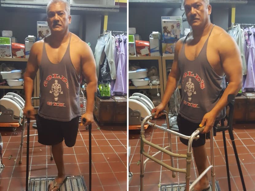 Para powerlifter Kalai Vanen, 58, who uses a pair of elbow crutches went on Facebook on Wednesday night to complain about supposedly having to switch to a walking frame in order to retain his special vehicle parking label. Photos: Facebook/Kalai Vanen