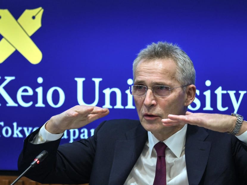 Nato Secretary General Jens Stoltenberg gestures as he answers questions during a visit and presentation at Keio University in Tokyo on Feb 1, 2023.
