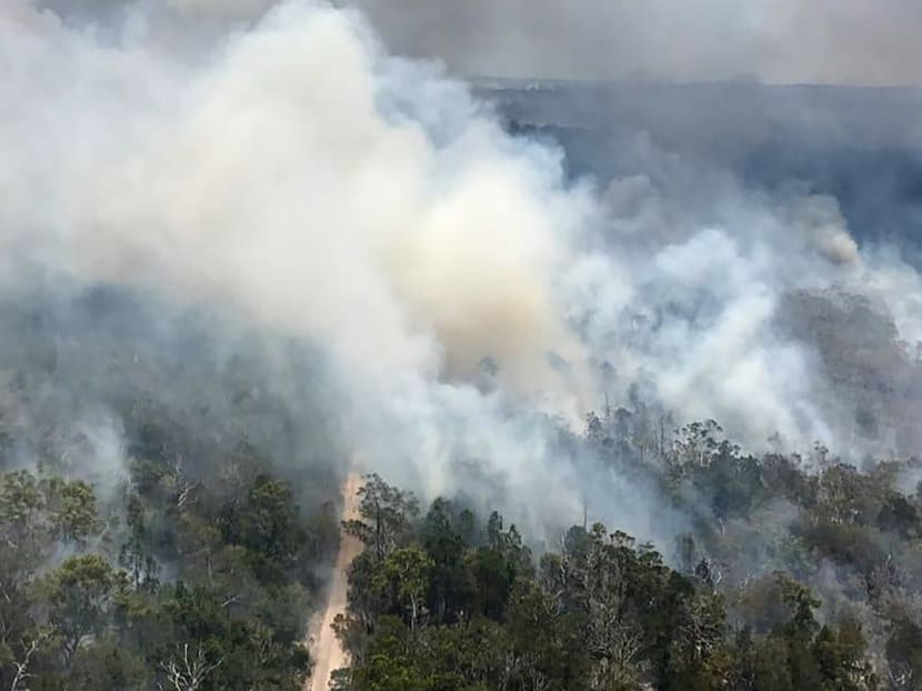 An aerial view of bushfires on Fraser Island, off Australia's east coast, on Nov 29, 2020 released by the Queensland Fire and Emergency Services.