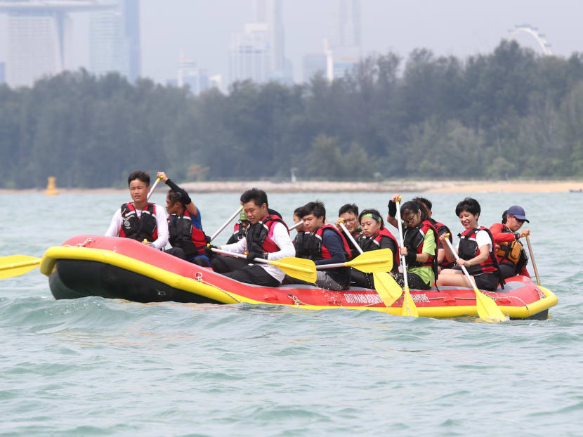 Photo of the day: Second Minister for Education Indranee Rajah joining students from Deyi Secondary School, Geylang Methodist Secondary School, Hwa Chong Institution and St Patrick's School on an inflatable row boat during their Outward Bound Singapore (OBS) programme at East Coast on Thursday (Nov 1).