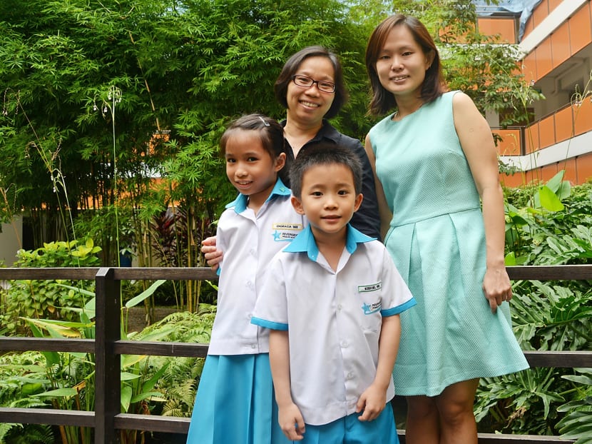 (Anti-clockwise from top right) Riverside Primary School teacher Mdm Jacqueline Kho, Mdm Angelia Teew, mother of Riverside Primary School students Engracia See, 8 and Ezekiel See, 7. Photo: Robin Choo/TODAY