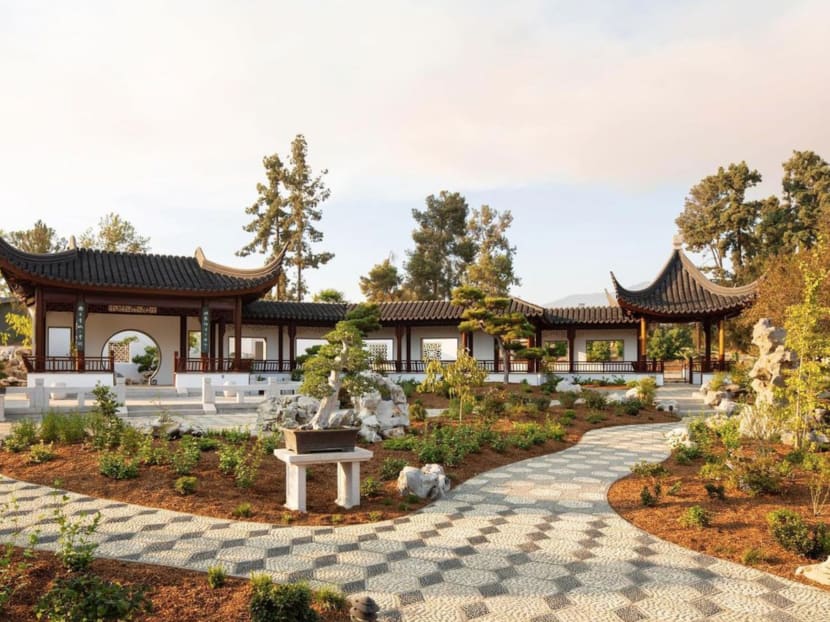 A courtyard that highlights the Chinese art of penjing — similar to Japanese bonsai — at Liu Fang Yuan in San Marino, California.