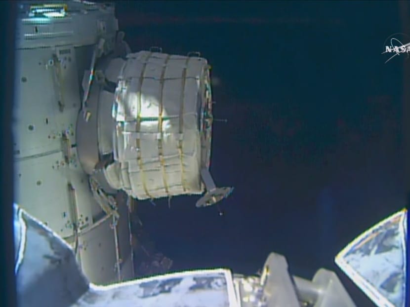 A new experimental room at the International Space Station partially inflates on Thursday, May 26, 2016. NASA released some air into the experimental inflatable room, but put everything on hold when problems cropped up. Photo: NASA TV via AP