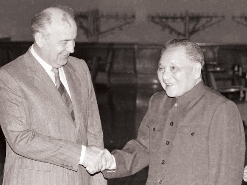 Mr Mikhail Gorbachev (left) with Deng Xiaoping at the Great Hall of the People in Beijing during a summit on May 16, 1989. The former Chinese Premier felt prioritising political reform, 
as the Soviets 
were doing then, was foolish. 
Photo: Reuters