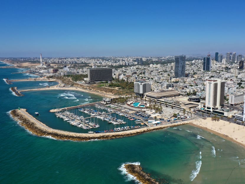 A general overhead view shows Israel's Mediterranean city of Tel Aviv on May 18, 2021. The Israeli city has supplanted Paris and Singapore as the most expensive city in the world, with supply chain problems pushing up the cost of living.