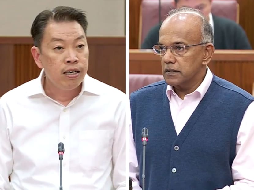Mr Melvin Yong (left) and Mr K Shanmugam (right) speaking in Parliament on May 8, 2023.