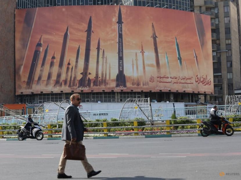 An anti-Israel billboard with a picture of Iranian missiles is seen in a street in Tehran, Iran on April 15, 2024.