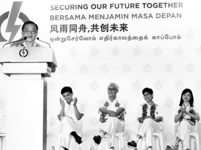 PAP MPs for Marine Parade GRC at a rally in 2011 (from left): Mr Seah Kian Peng, Mr Tan Chuan-Jin, Emeritus Senior Minister Goh Chok Tong, Associate Professor Fatimah Lateef and Ms Tin Pei Ling. One may argue that the PAP follows a branded house strategy, where the party’s name is the masterbrand. TODAY File Photo
