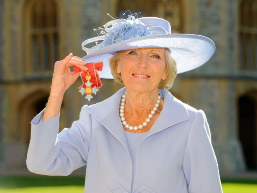 Mary Berry, one of the hosts of the 'Great British Bake Off', after she became a Commander of the British Empire, (CBE) awarded by Prince Charles at an Investiture ceremony in Windsor Castle. Photo: AFP