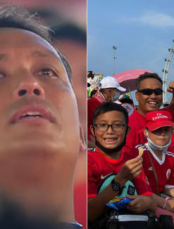 Mr Azuan Tan (left) was caught on camera crying at the National Day Parade. He attended the parade with his wife and children (right).