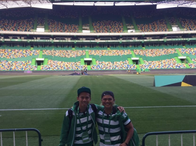 Local football freestylers Terry Lee (left) and Terence Ong performed in front of 33,000 fans during Sporting CP’s home game on Monday. Photo: Terence Ong