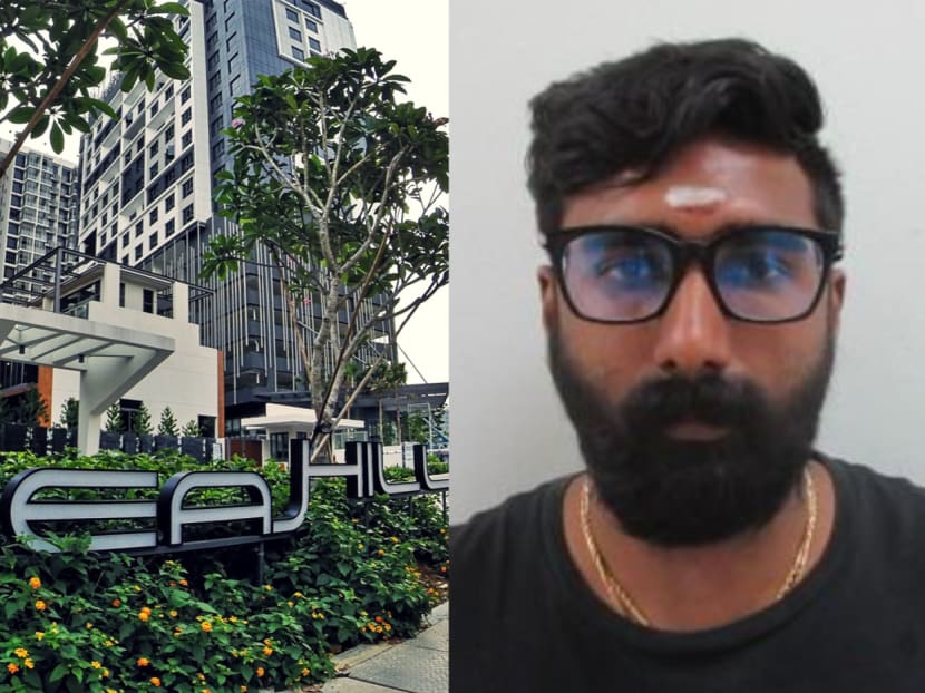 Ganesan Gunasagaran (right) pleaded guilty to extortion, an offence committed while he was working as a security officer at Seahill condominium (left).