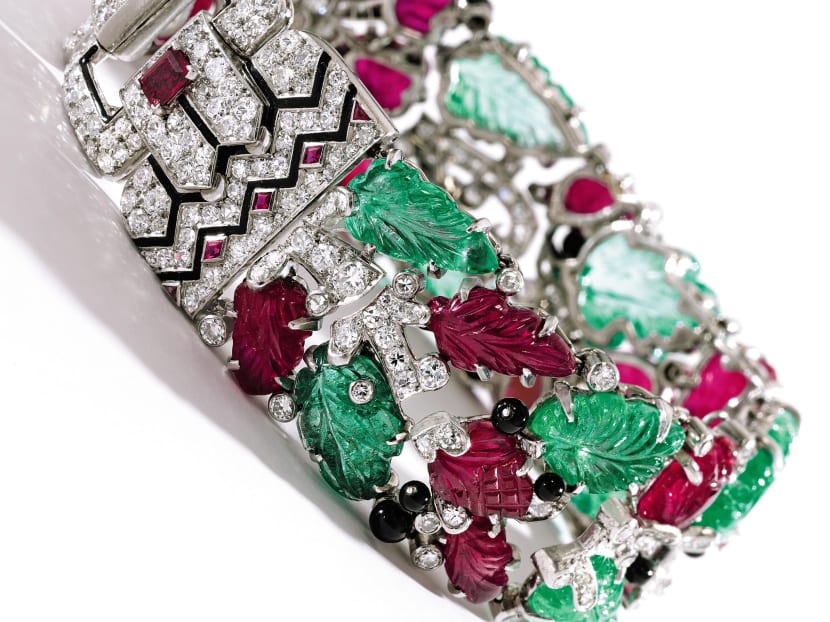 This file photo provided by Sotheby's shows a ruby, emerald and diamond Cartier Tutti Frutti bracelet. The jewelry is part of the collections of Estee Lauder and Evelyn Lauder auctioned. Photo: AP
