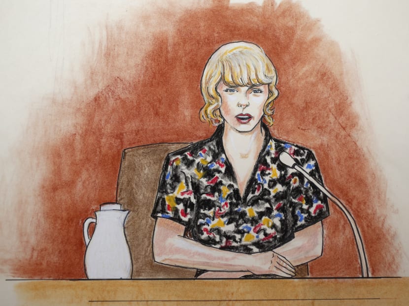 In this courtroom sketch by artist Jeff Kandyba, pop singer Taylor Swift is shown on the witness stand during the morning session of the the fourth day of a civil trial to determine whether a Denver radio host groped the singer in a case in federal court. Photo: AP