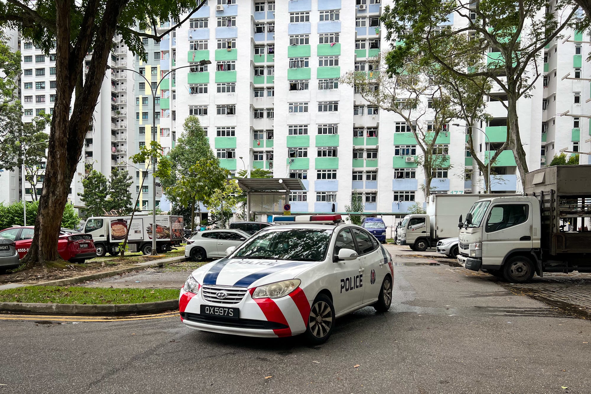 A police car seen patrolling the site of a Boon Lay Drive attack at about 4.30pm on April 7, 2022. A police car seen patrolling the site of a Boon Lay Drive attack at about 4.30pm on April 7, 2022.