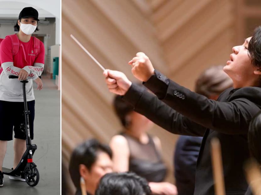 Chiya Amos in his food delivery work outfit (left), and performing at the Spring Festival in Tokyo. Chiya Amos in his food delivery work outfit (left), and performing at the Spring Festival in Tokyo.