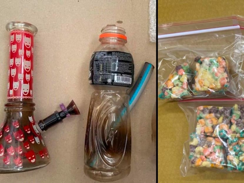 (Left) Alleged drug paraphernalia seized from a residential unit in the vicinity of Bukit Batok Street 21. (Right) Food products believed to be infused with cannabis recovered by anti-narcotics officers from a residential block in the vicinity of Serangoon Road. (Left) Alleged drug paraphernalia seized from a residential unit in the vicinity of Bukit Batok Street 21. (Right) Food products believed to be infused with cannabis recovered by anti-narcotics officers from a residential block in the vicinity of Serangoon Road.