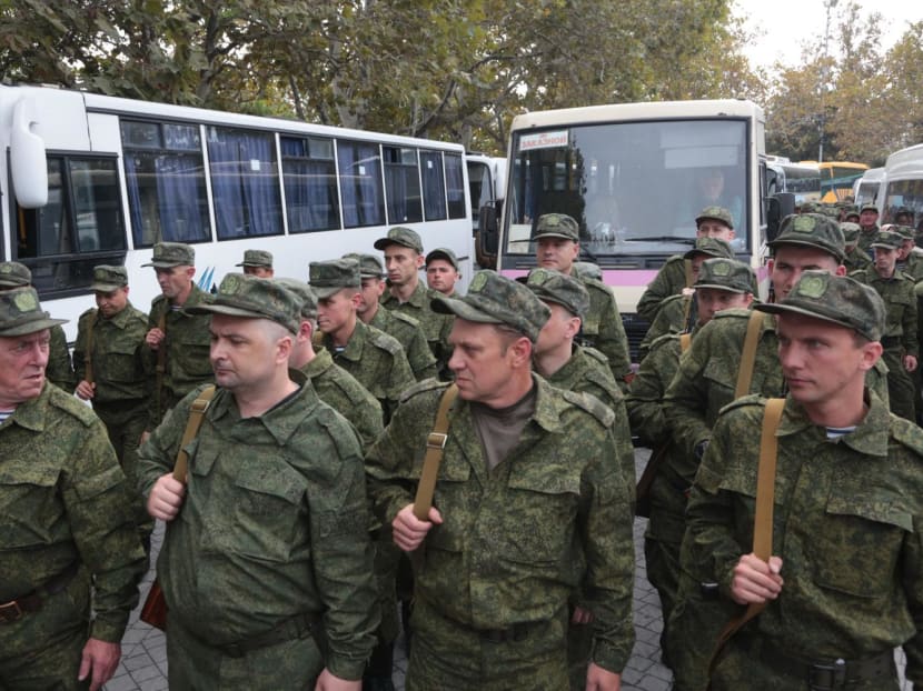 Reservists drafted during the partial mobilisation attend a departure ceremony in Sevastopol, Crimea, on Sept 27, 2022.