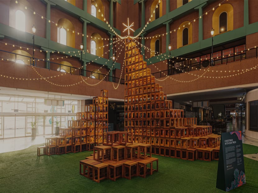 A wooden structure that doubles as a Christmas tree of sorts at Millenia Walk mall.
