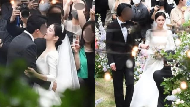 与新郎甜蜜亲吻　张娜拉婚礼现场照曝光！