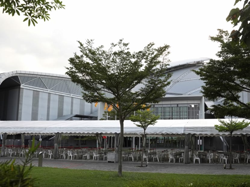A tent set up outside the Singapore Sports Hub’s OCBC Arena on Friday (April 17). Sports halls at the Singapore Sports Hub will be converted into temporary housing for foreign workers who are not showing symptoms of Covid-19.