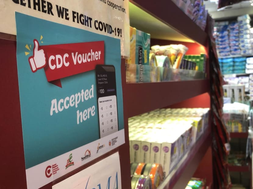 A sign at a provision shop in Pasir Ris stating that CDC vouchers are accepted.