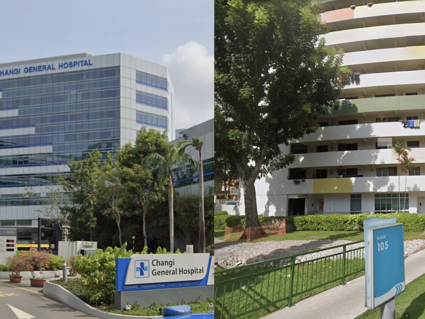 Two more people working at Changi General Hospital (left) were found to have Covid-19 and six more people living at Block 105 Henderson Crescent (right) had contracted the coronavirus.