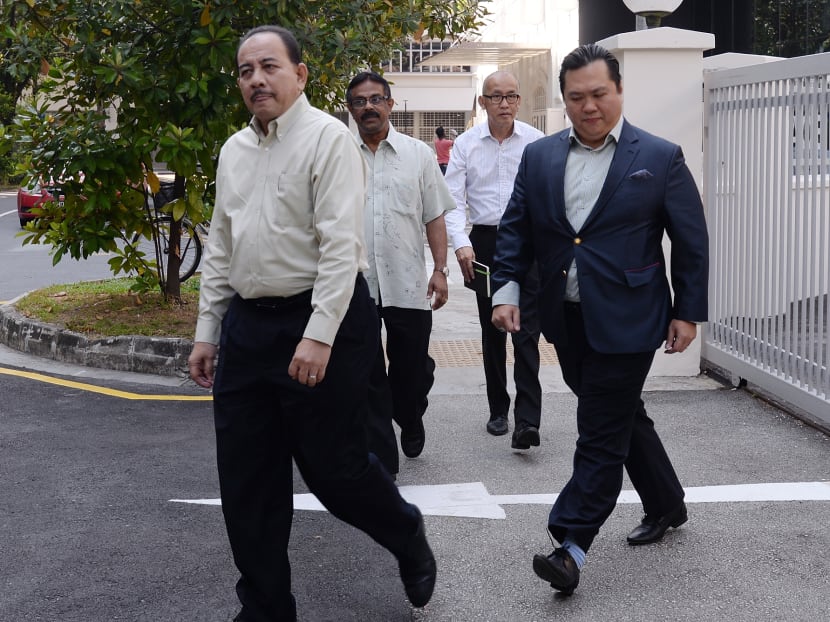 L-R: Mr Borhan Saini, Mr Sukumaran, Mr Rahman Kamin and Mr Jimmie Wee, who were at the Elections Department to collect forms on behalf of a 60-year-old, Malay Muslim who is head on an MNC, leaving the Elections Department on June 16, 2017. Photo: Robin Choo/TODAY