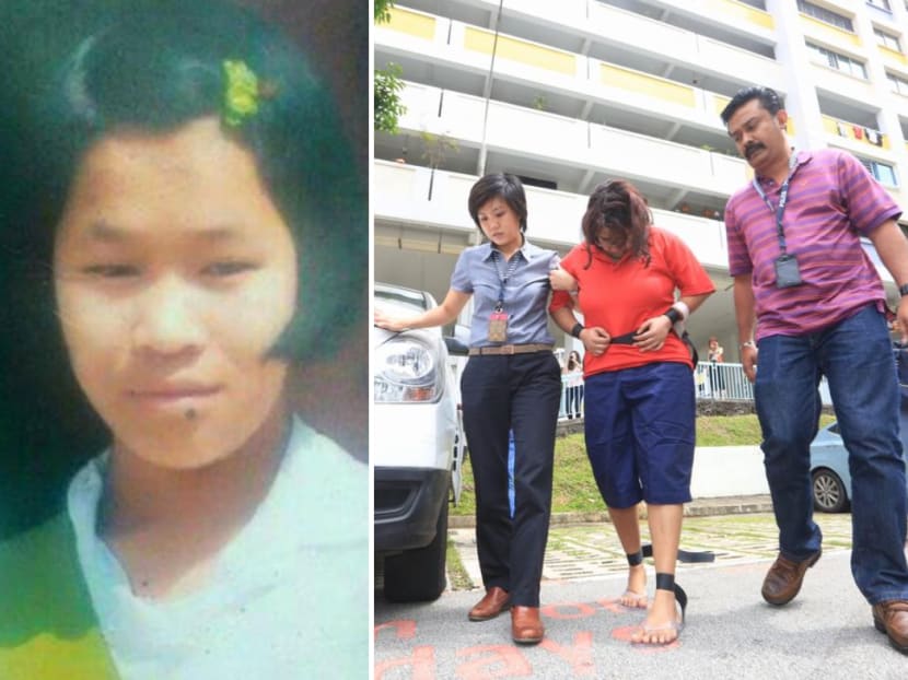 (Left) An old picture of Piang Ngaih Don. (Right) Gaiyathiri Murugayan in the centre being led by investigators to her Bishan flat in 2016 for a re-enactment of how Piang died.