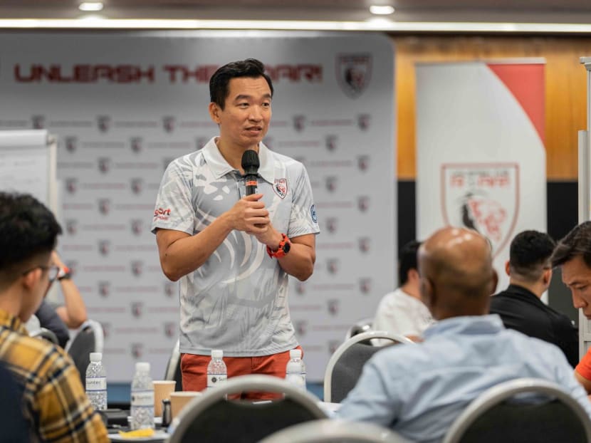 Unleash the Roar chairman Eric Chua addressing participants at a dialogue session on Singapore football on May 25, 2023.