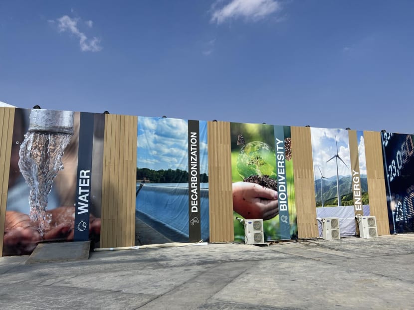 Banners outside the venue of the ongoing COP27 climate talks being held in Egypt’s Sharm El-Sheikh city highlighting the priorities of the annual conference.