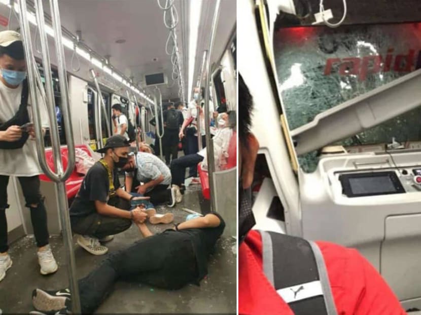 Passengers were left battered and bruised after being thrown across carriages during a crash between two LRT trains in Kuala Lumpur on May 24, 2021, with many evacuated on stretchers.