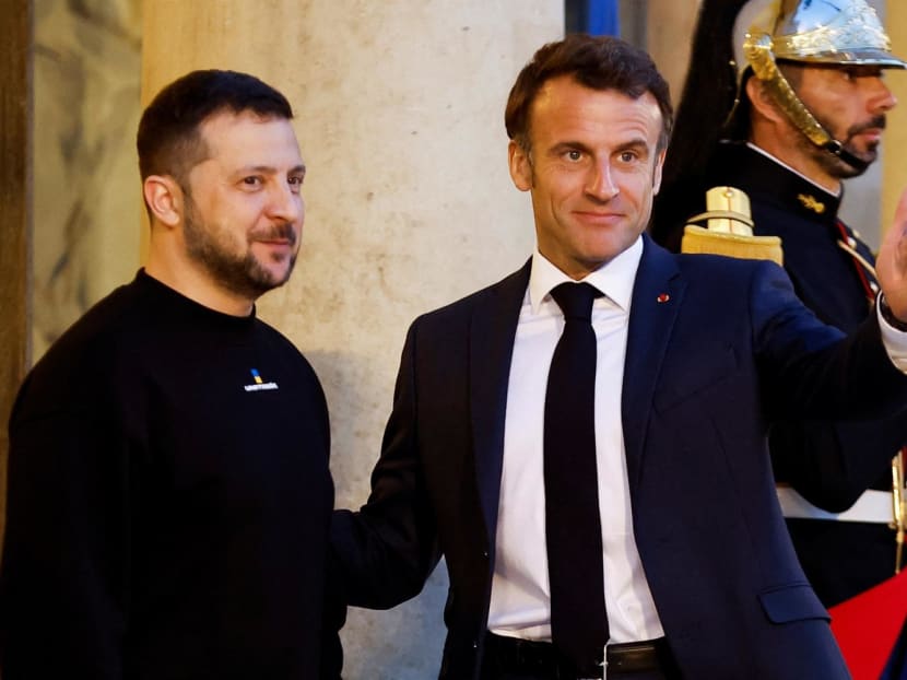 French President Emmanuel Macron welcomes Ukraine's President Volodymyr Zelenskyy at the Elysee Palace in Paris, France on May 14, 2023
