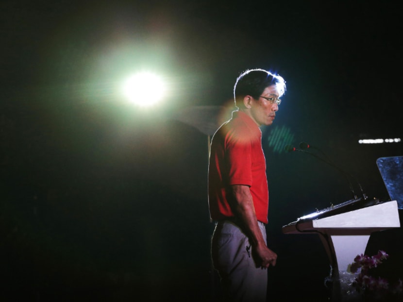 Dr Chee Soon Juan speaking at a rally at Choa Chu Kang stadium on Friday (Sept 4). Dr Chee, who is leading the charge for the SDP in his first electoral battle
since 2001, had on Friday alerted the Elections Department about the posters. Photo: Jason Quah