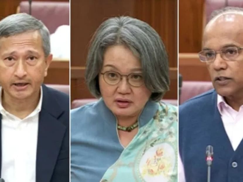 Dr Vivian Balakrishnan, Ms Sylvia Lim and Mr K Shanmugam speak in Parliament on May 8, 2023.