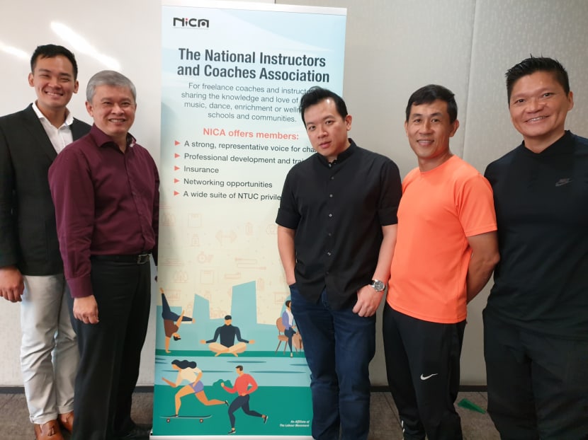 From left to right: Mr Darius Lim, pro tem deputy general secretary of the National Instructors and Coaches Association (Nica); NTUC's assistant director-general Ang Hin Kee; Mr Adrian Chiang, pro tem president of Nica; Mr Justin Teh, pro tem secretary of Nica; and Mr Tommy Yau, pro tem treasurer of Nica. From left to right: Mr Darius Lim, pro tem deputy general secretary of the National Instructors and Coaches Association (Nica); NTUC's assistant director-general Ang Hin Kee; Mr Adrian Chiang, pro tem president of Nica; Mr Justin Teh, pro tem secretary of Nica; and Mr Tommy Yau, pro tem treasurer of Nica.