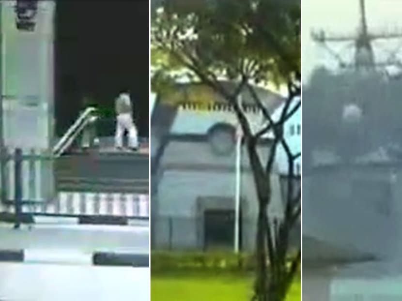 Collage of video screenshots taken from surveillance footage filmed by Jemaah Islamiyah members of (from left) Yishun MRT Station, the United States Embassy in Singapore and Sembawang Wharf.