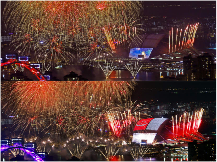 Top: The image of the Singapore flag did not appear on the domed roof during the Aug 9 parade. Bottom: The domed roof lit up with the image of the flag during the NDP preview shows. Photos: Ernest Chua