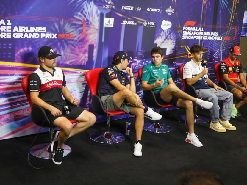 (From left) Formula One drivers Valtteri Bottas from Alfa Romeo, Sergio Perez from Red Bull, Lance Stroll from Aston Martin, Pierre Gasly from AlphaTauri and Carlos Sainz from Ferrari attending a pre-event press conference on Sept 29, 2022 for the Formula One Singapore Grand Prix. (From left) Formula One drivers Valtteri Bottas from Alfa Romeo, Sergio Perez from Red Bull, Lance Stroll from Aston Martin, Pierre Gasly from AlphaTauri and Carlos Sainz from Ferrari attending a pre-event press conference on Sept 29, 2022 for the Formula One Singapore Grand Prix.