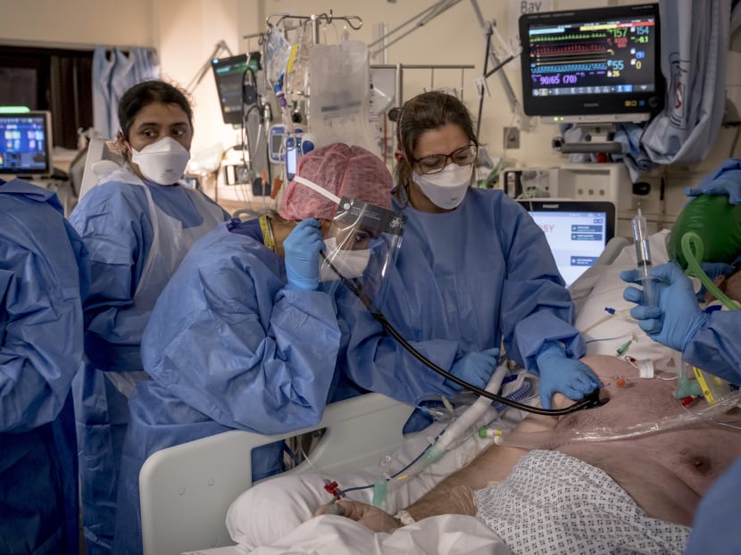 Listening to the lungs of a Covid-19 patient on Jan 16, 2021, at Homerton Hospital in London. Listening to the lungs of a Covid-19 patient on Jan 16, 2021, at Homerton Hospital in London.
