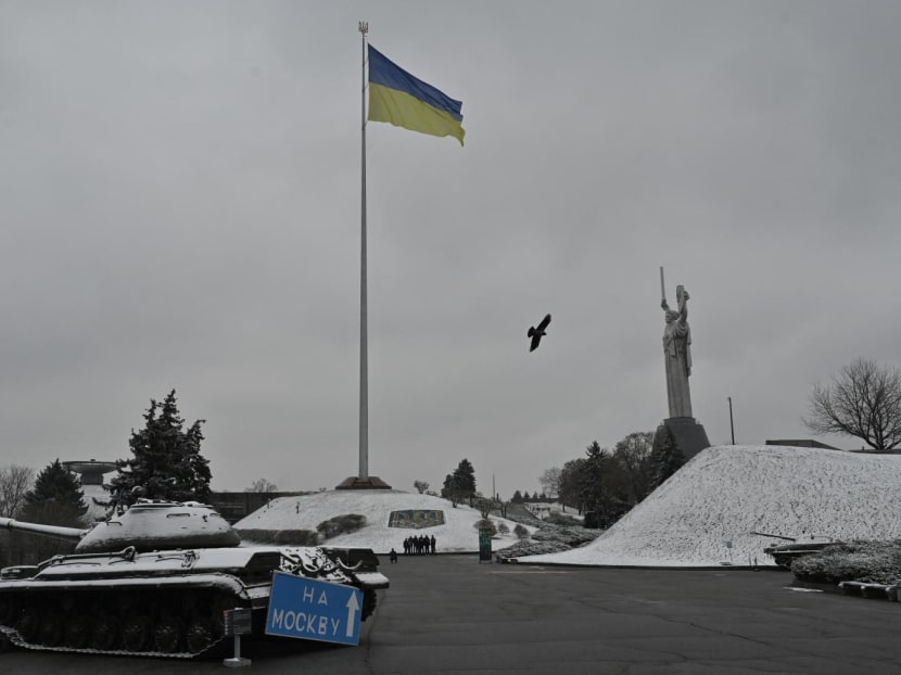 People walk next to the Motherland Monument at the WWII open-air museum in Kyiv during first snow fall on Nov 17, 2022, amid the Russian invasion of Ukraine. People walk next to the Motherland Monument at the WWII open-air museum in Kyiv during first snow fall on Nov 17, 2022, amid the Russian invasion of Ukraine.