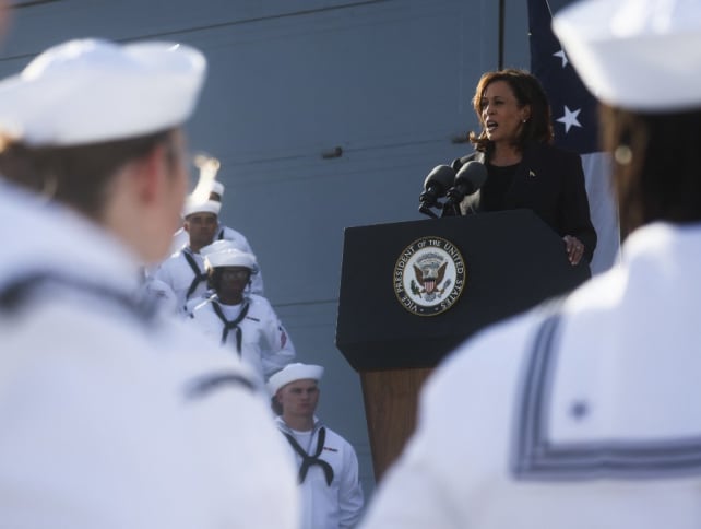 US vice-president Kamala Harris speaks during her visit onboard USS Howard at the naval base in Yokosuka, Kanagawa Prefecture on Sept 28, 2022.
