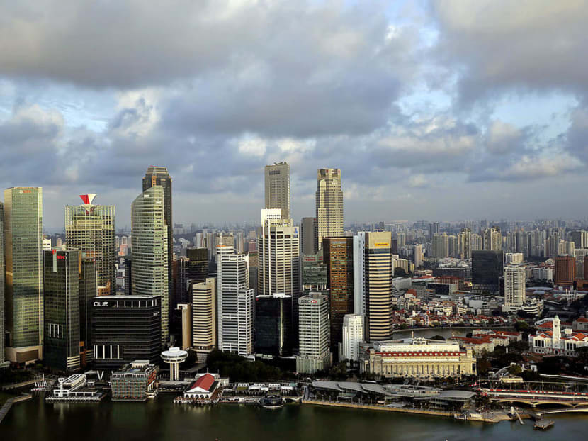 The Singapore skyline as seen from the Marina Bay Sands SkyPark. The Singapore skyline as seen from the Marina Bay Sands SkyPark.