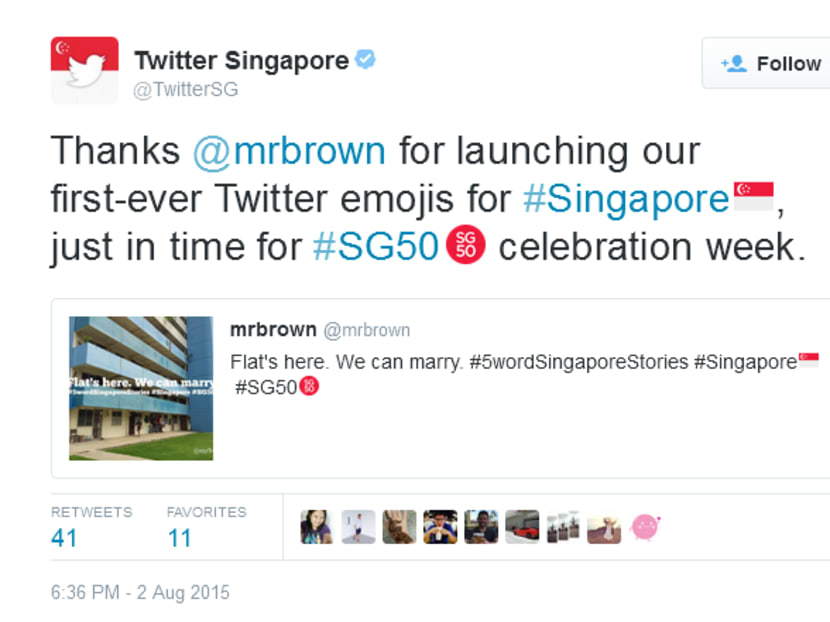 Twitter today (Aug 3) launched a pair of emojis for Singapore; the Singapore flag and the SG50 icon. Photo: TwitterSG/Twitter