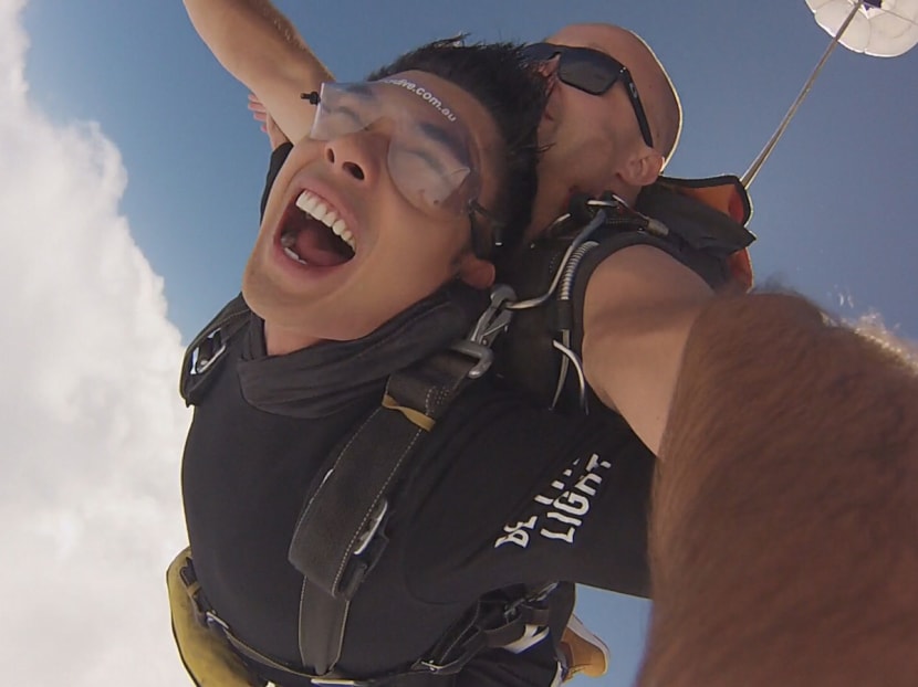 Elvin Ng conquers his fear of heights by skydiving. Photo: MediaCorp