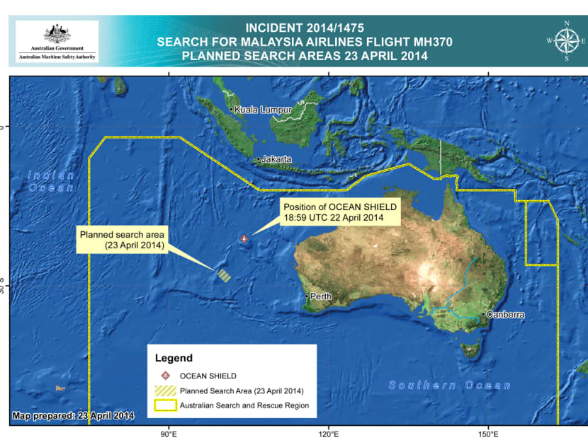 Map provided on April 23, 2014, by the Joint Agency Coordination Centre, showing details in the search for the missing Malaysia Airlines Flight 370 in the southern Indian Ocean. Photo: AP