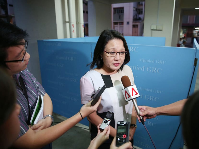 Workers’ Party chairman Sylvia Lim speaking to the media at her Meet-the-People session in Serangoon Avenue 4 yesterday. Photo: Wee teck Hian