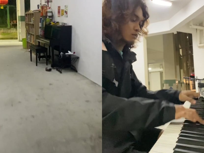 TikTok user “morrdecai” (right) published a video of himself playing a piano at a void deck of a housing block (left). 