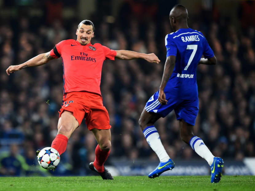 Zlatan Ibrahimovic (left) controlling the ball as Ramires closes in during Wednesday’s match in London. Photo: Getty Images