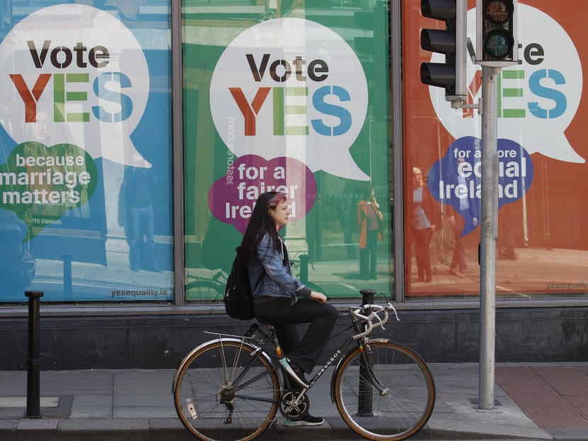 YES posters cover a shop's windows in the center of Dublin, Ireland, Thursday May 21, 2015.  Photo: AP